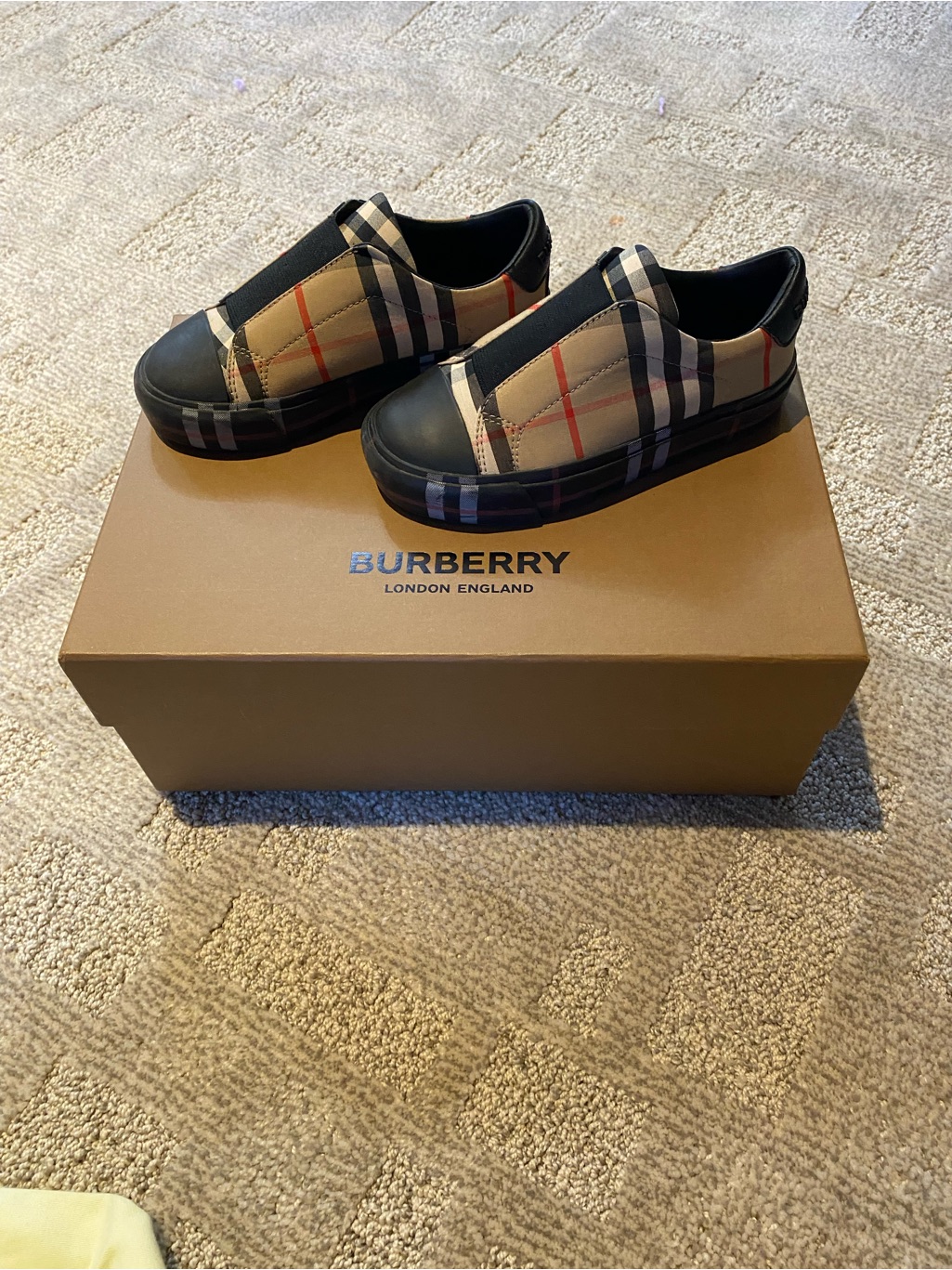 Burberry Kids Plaid Slip-On Sneakers In Beige And Black
